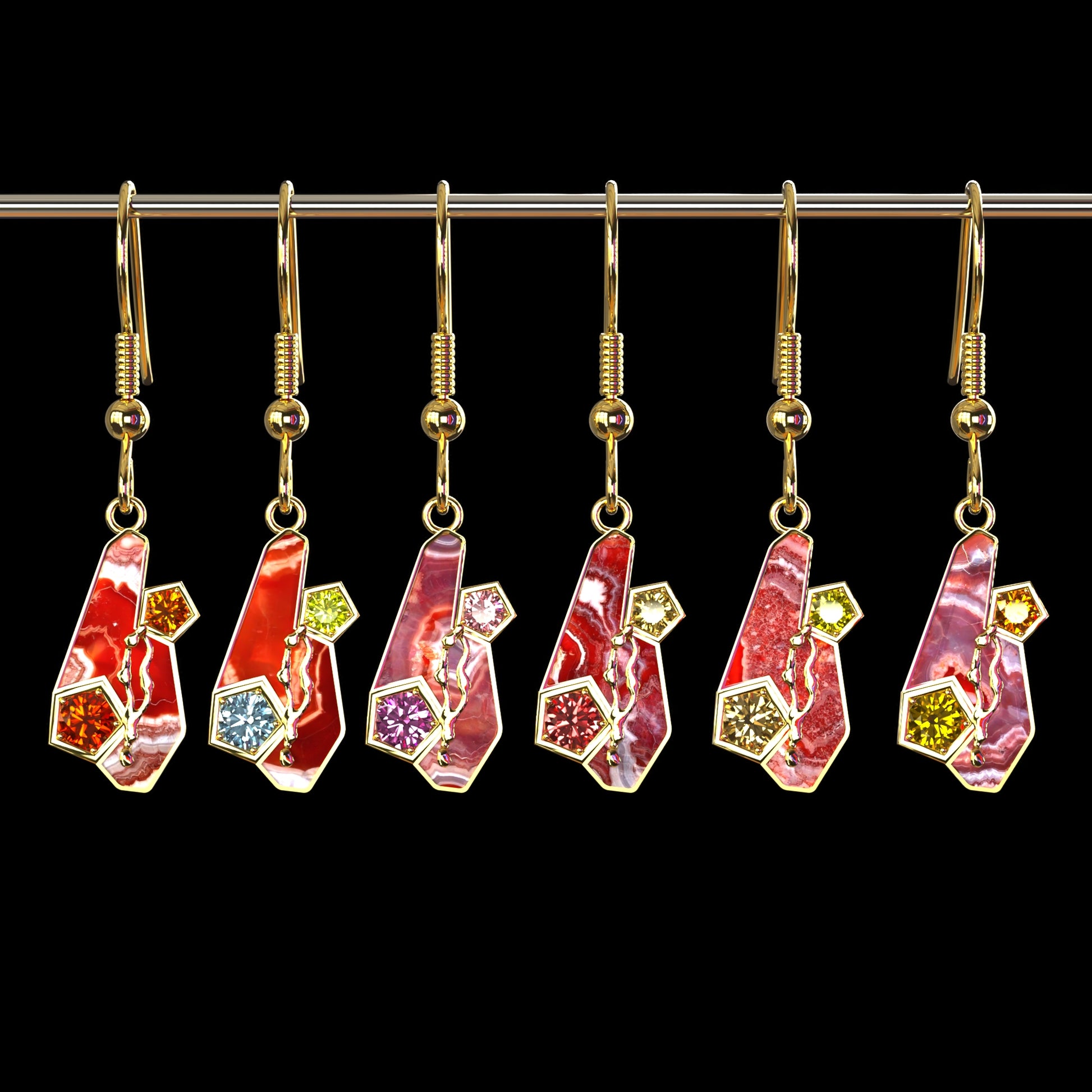 DAZ3D gemstone jewelry for Genesis 8 and 9 female characters Honeycomb Gem Earrings Set Multi