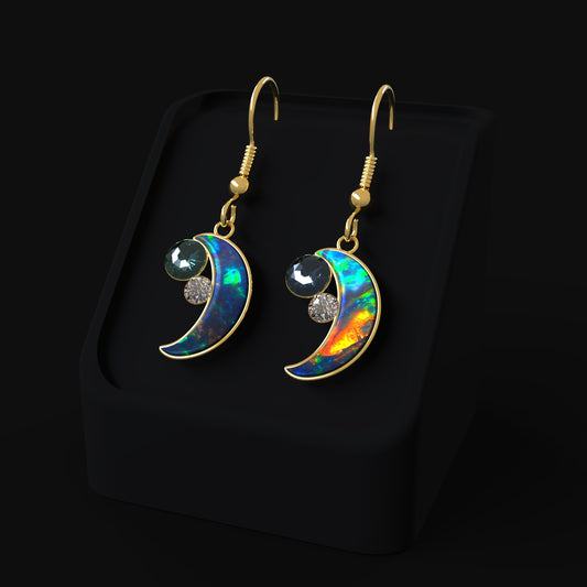 DAZ3D gemstone jewelry for Genesis 8 and 9 female characters Black Opal Crescent Moon Earrings Set one