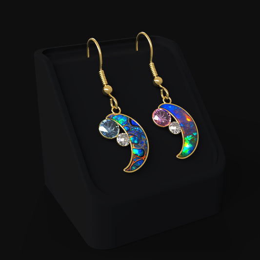 DAZ3D gemstone jewelry for Genesis 8 and 9 female characters Black Opal Crescent Moon Earrings Set Two